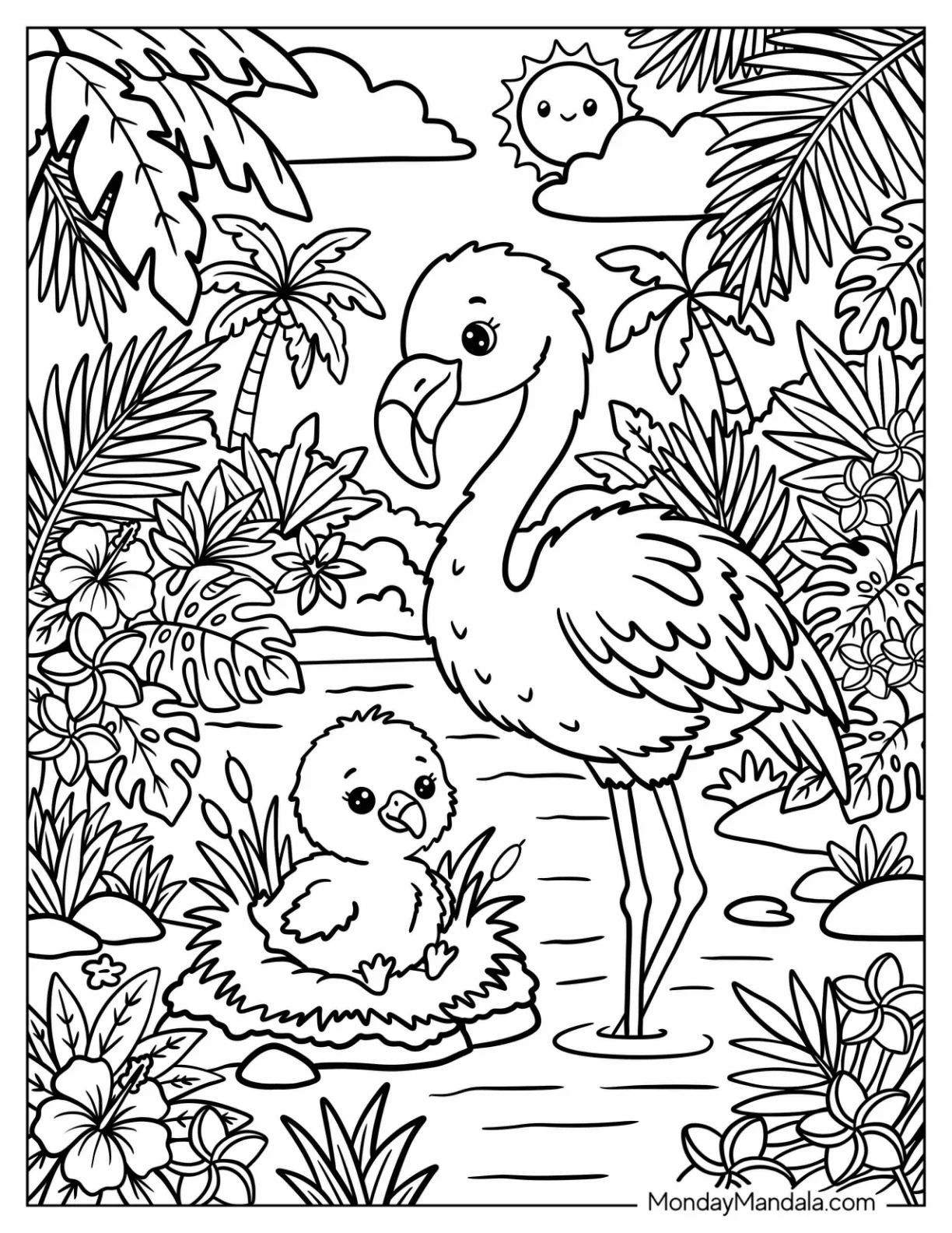 Mother Flamingo Watching Her Chick in a Tropical Nest Coloring Page for Kids coloring page