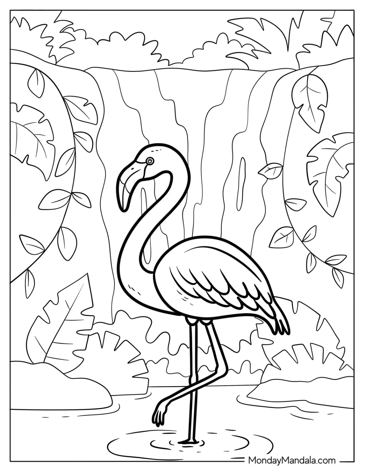 Realistic Flamingo With Waterfalls In The Background coloring page