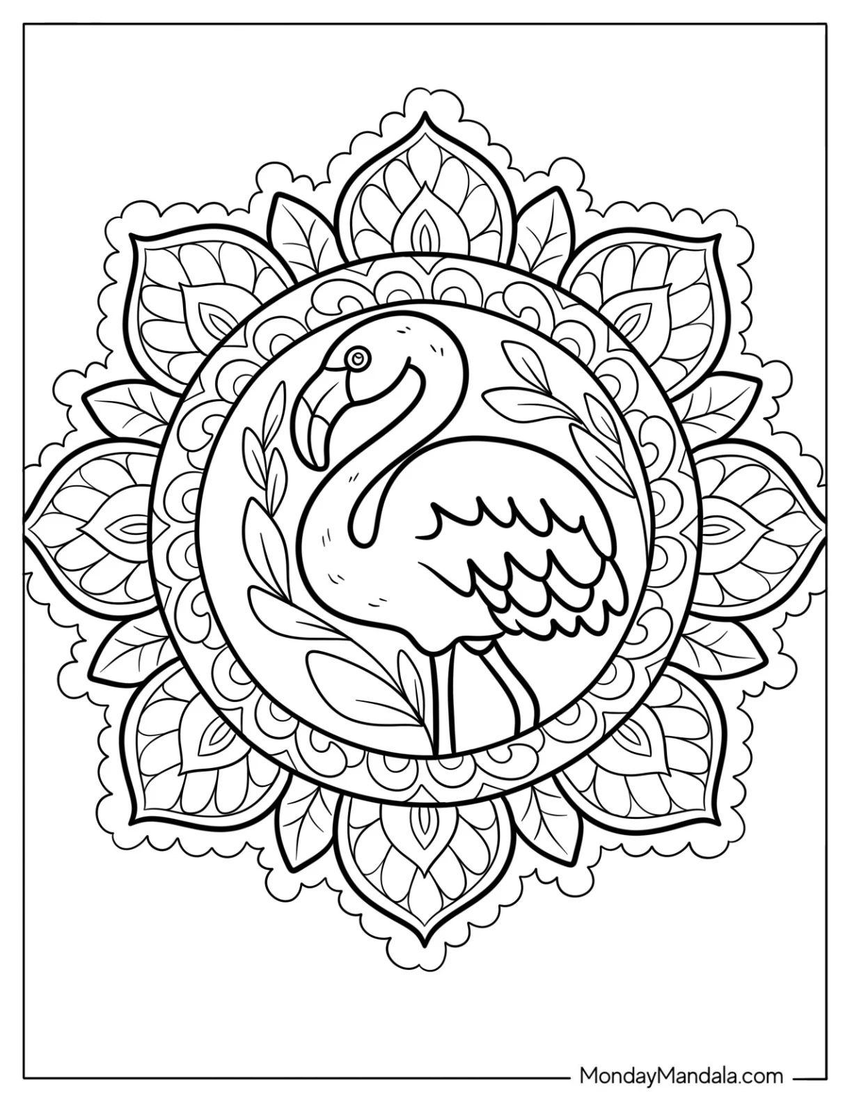 Serene Flamingo and Leaves Mandala Coloring Sheet coloring page — printable line art