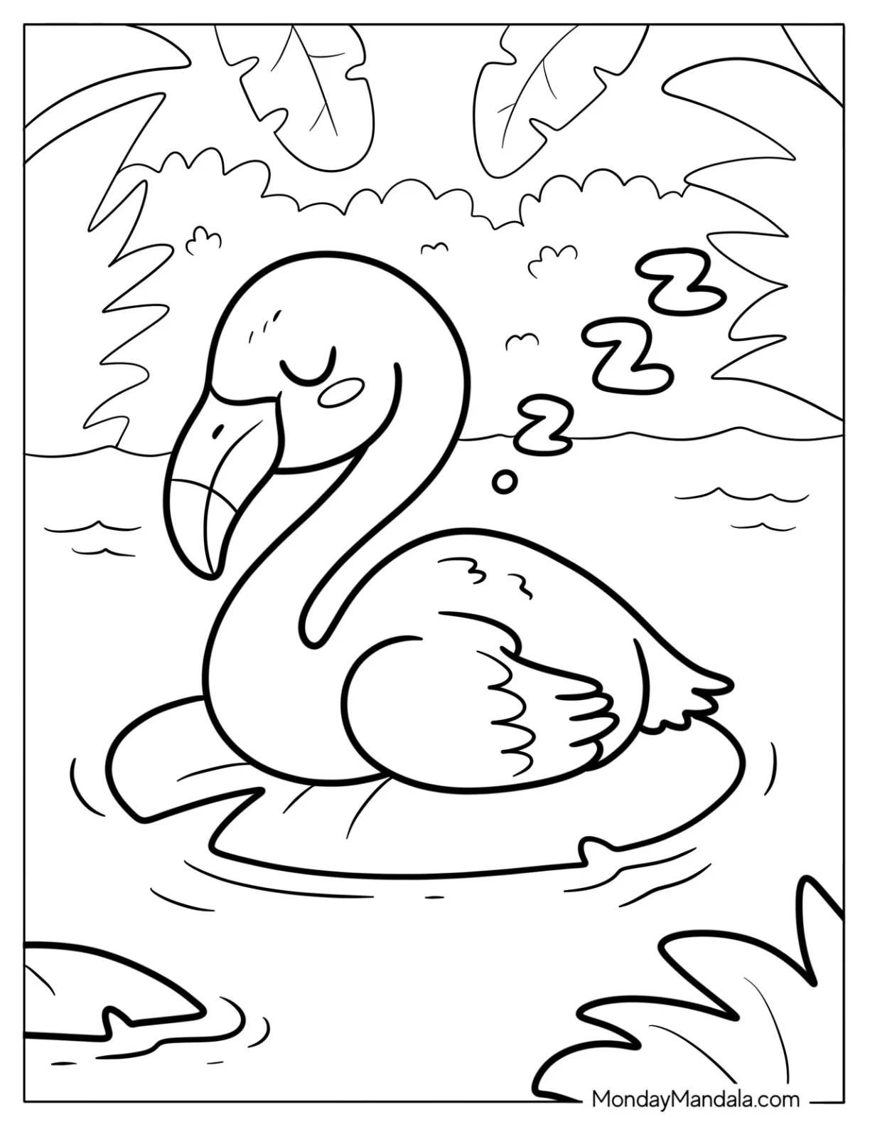 Sleeping Baby Flamingo On A Lily Pad Coloring Page For Kids coloring page — printable line art