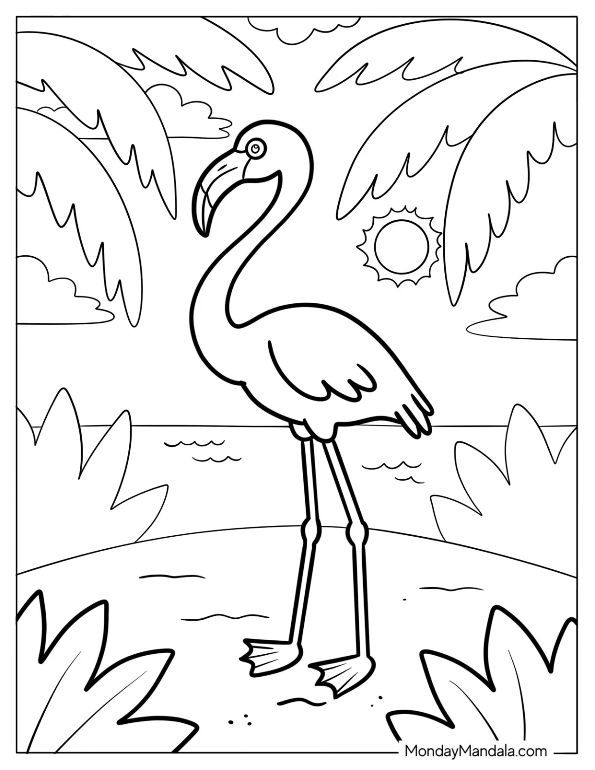 Tropical Flamingo by the Sea Coloring Page coloring page — printable line art