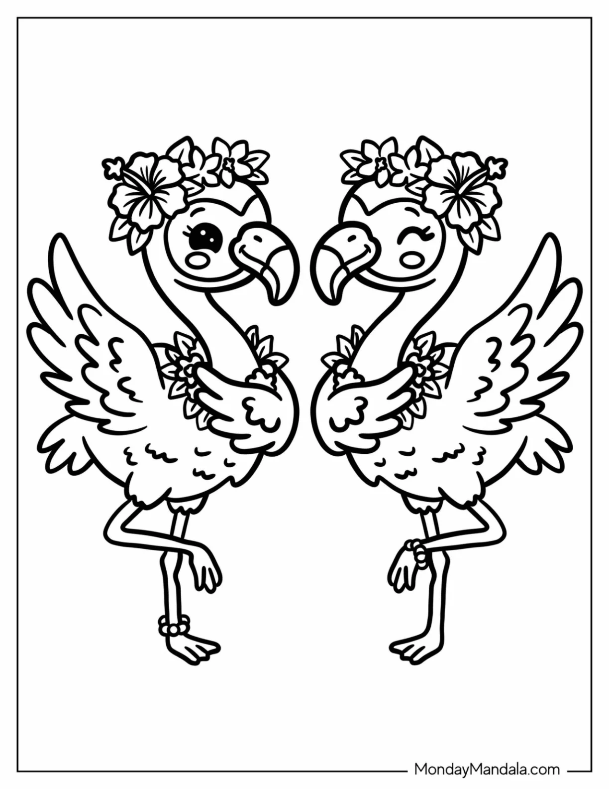 Two Flamingos Dancing in Flower Crowns and Leis Coloring Sheet for Kids coloring page