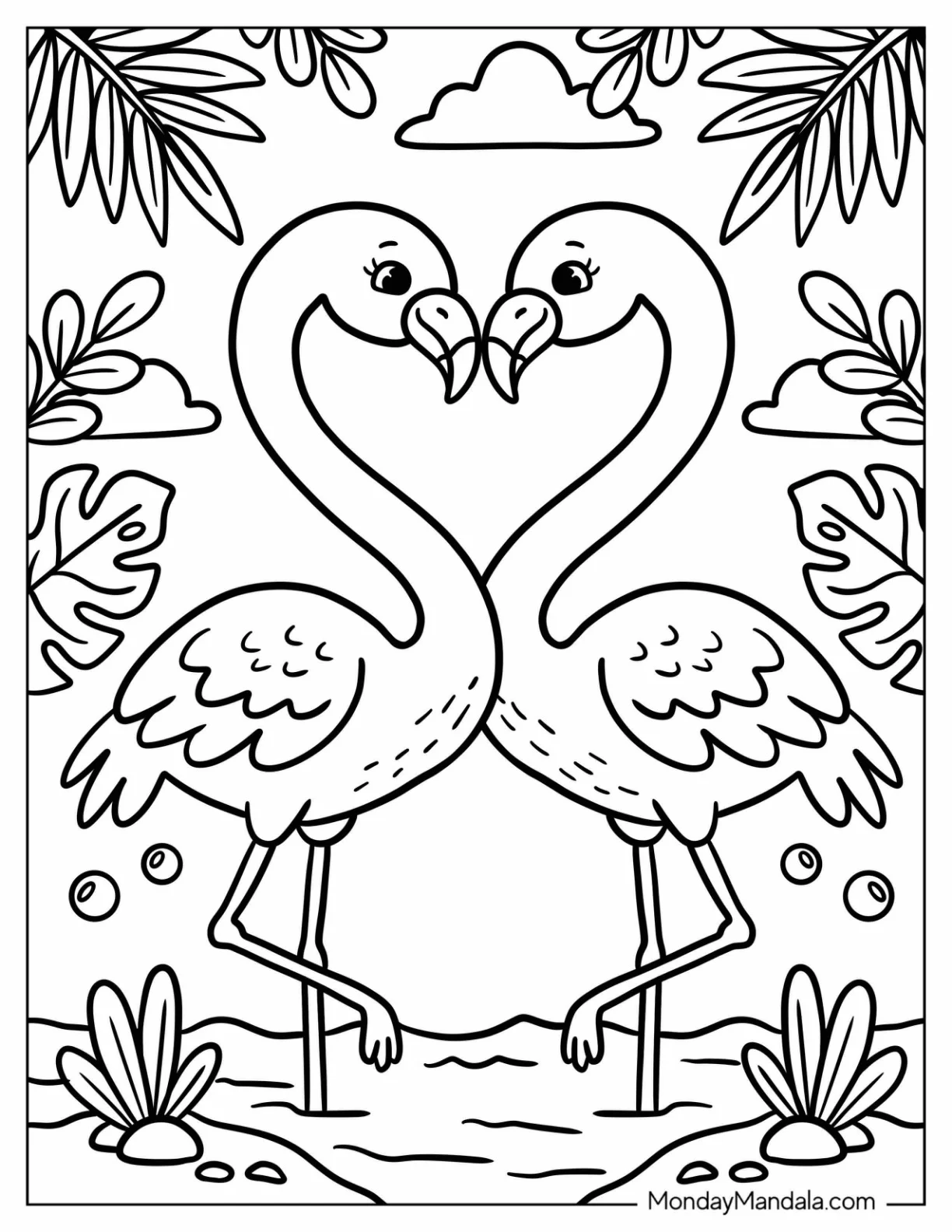 Two Flamingos Forming a Heart with Their Necks Coloring Page coloring page