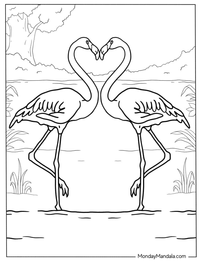 Two Flamingos Making a Love Heart Shape coloring page