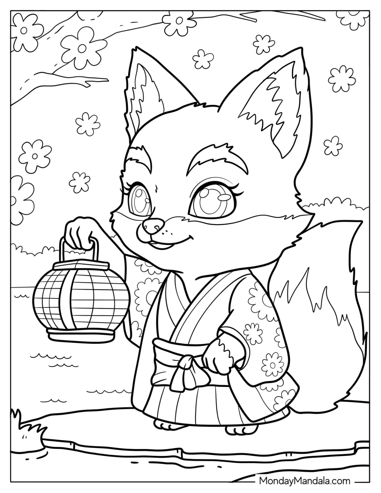 Adorable Chibi Fox Coloring Page In A Kimono Holding A Lantern For Kids coloring page
