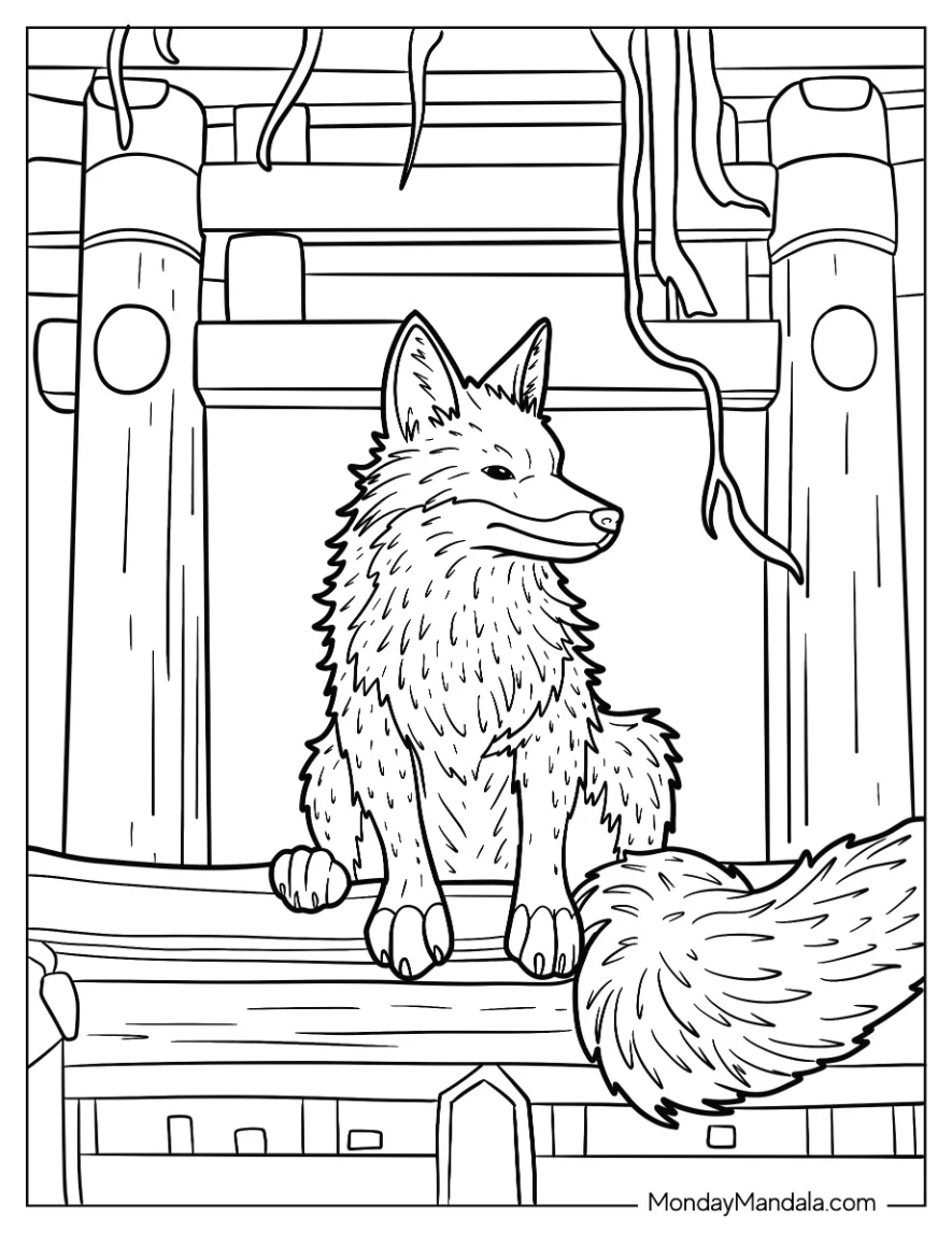 Adult Fox Coloring Page Sitting On Wood coloring page — printable line art