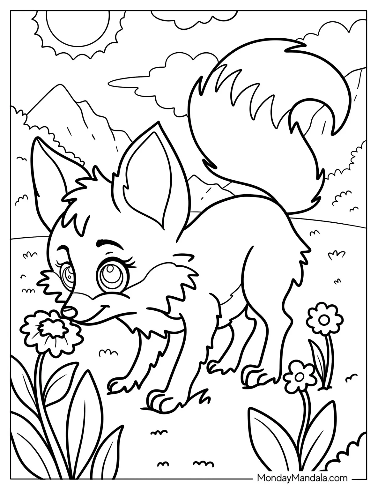 Beautiful Fox Coloring Page Smelling Flowers coloring page — printable line art