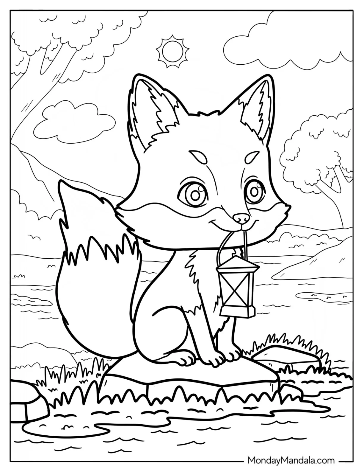 Cartoon Fox Coloring Page Holding A Lamp By The Mouth For Kids coloring page — printable line art