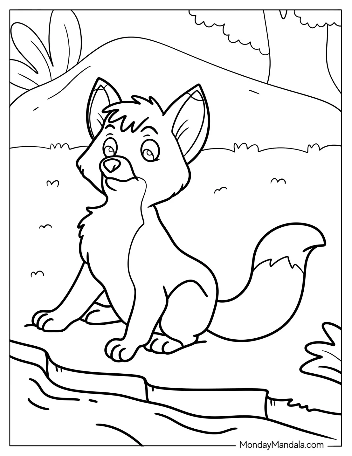 Cartoon Fox Coloring Page Sitting On The Grass coloring page — printable line art