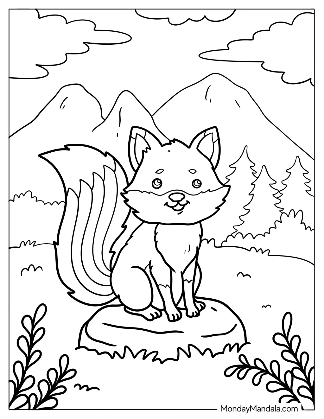 Content Little Fox Coloring Page Sitting On A Rock coloring page