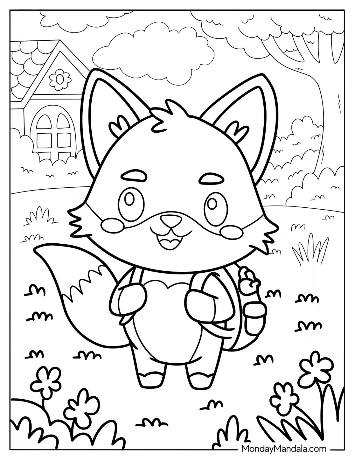 Cute Schoolboy Fox Coloring Page With A Backpack coloring page — printable line art