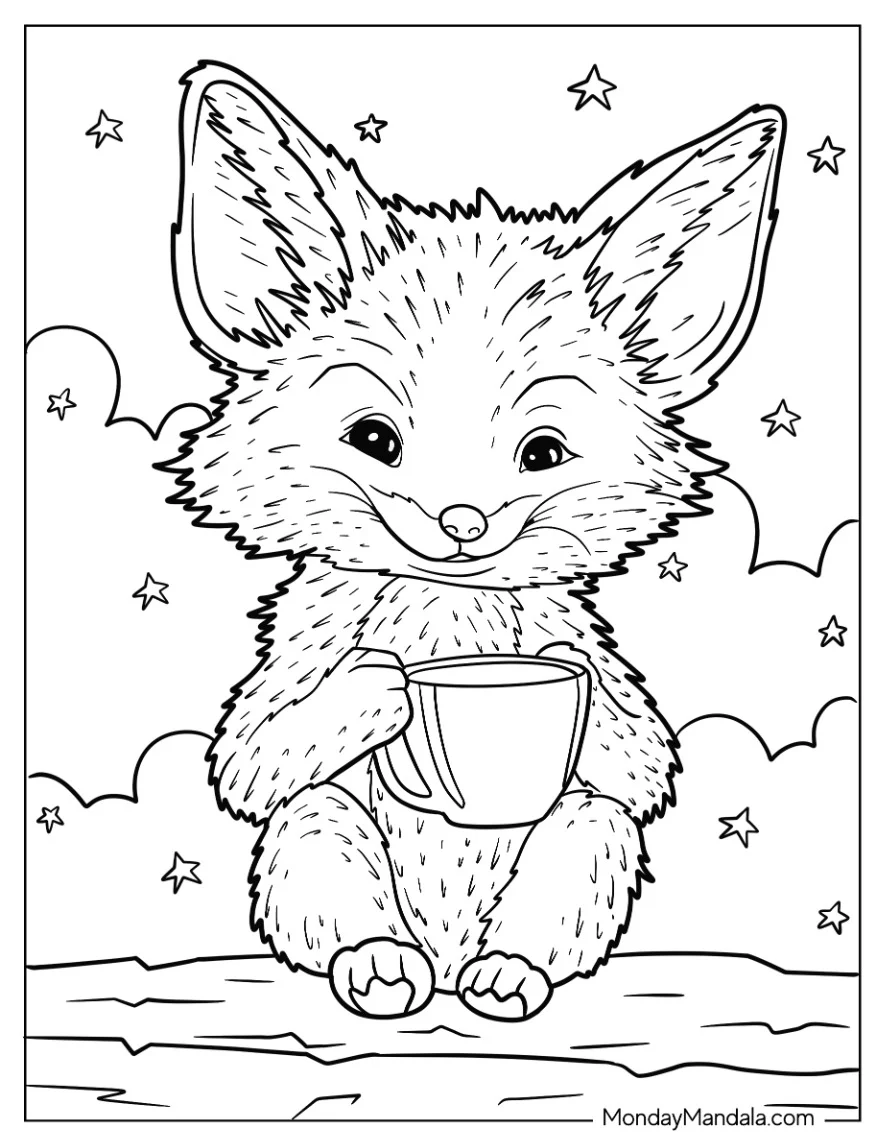 Detailed Fox Coloring Page Holding Cup In Clouds coloring page