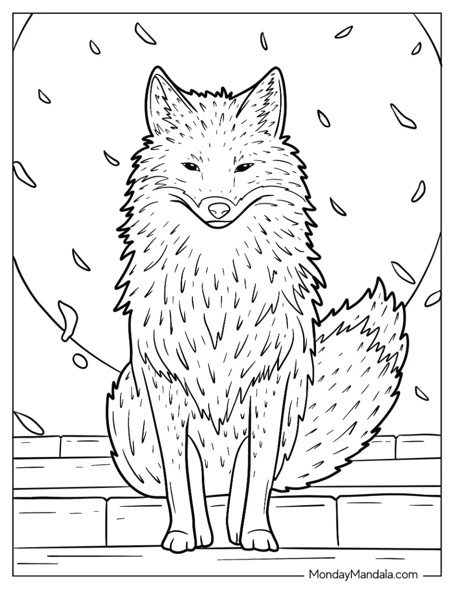 Fluffy Fox Coloring Page With Petals In Background coloring page — printable line art