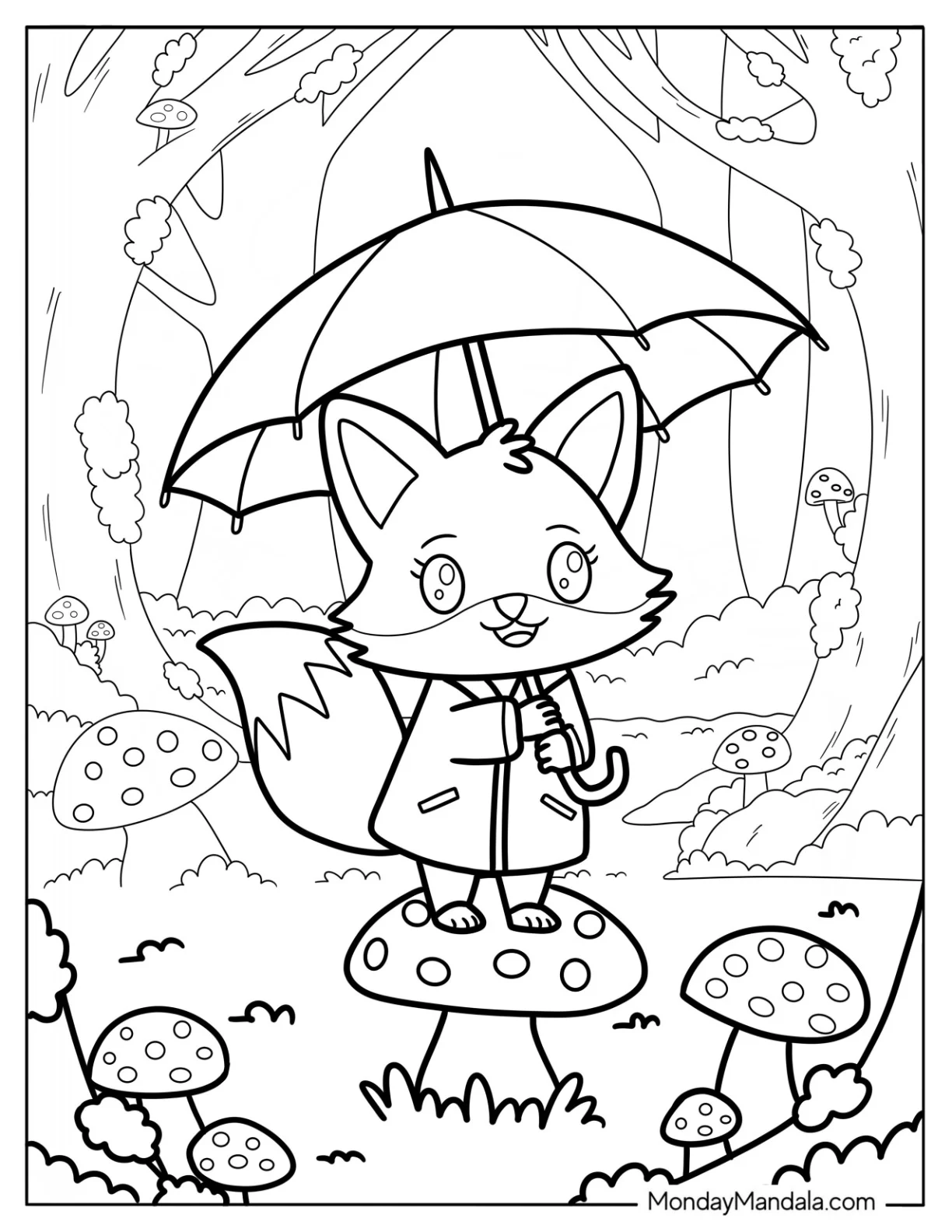 Fox Coloring Page In A Raincoat With Umbrella Standing On A Mushroom coloring page — printable line art