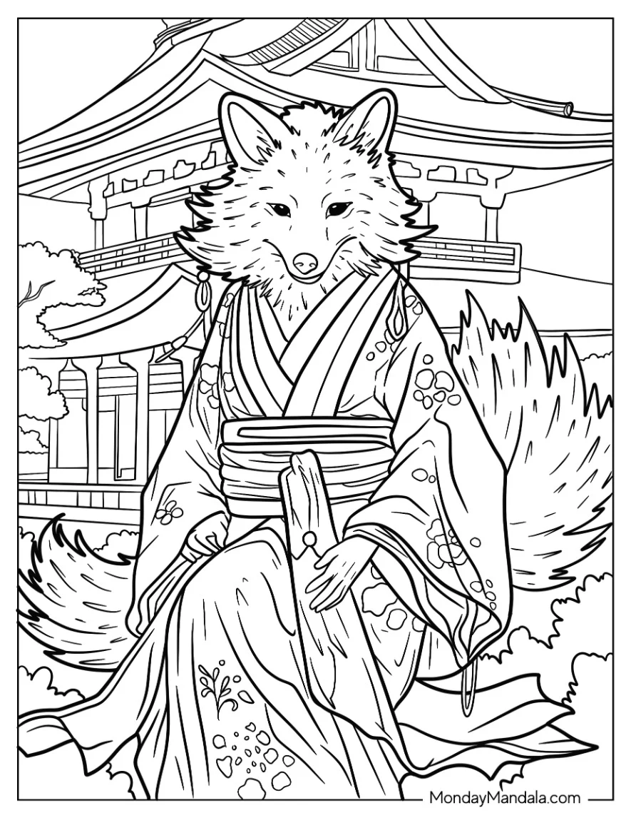 Fox Coloring Page in Kimono In Front Of Japanese Castle coloring page — printable line art