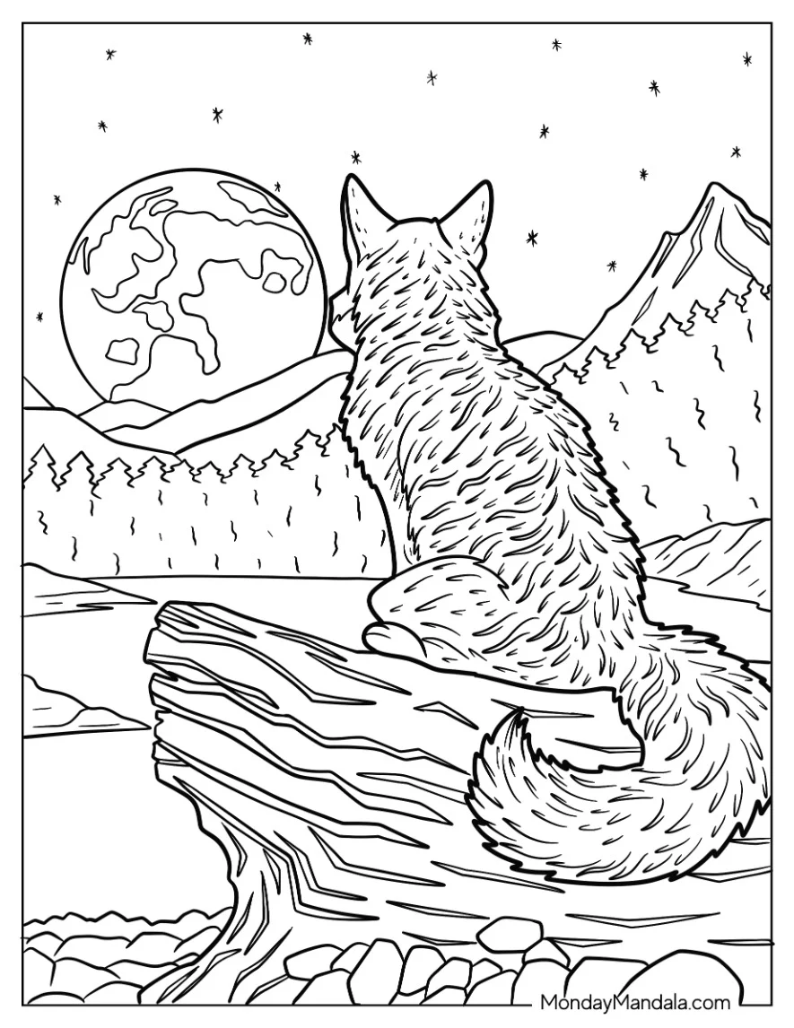 Fox Coloring Page Looking At Full Moon coloring page — printable line art