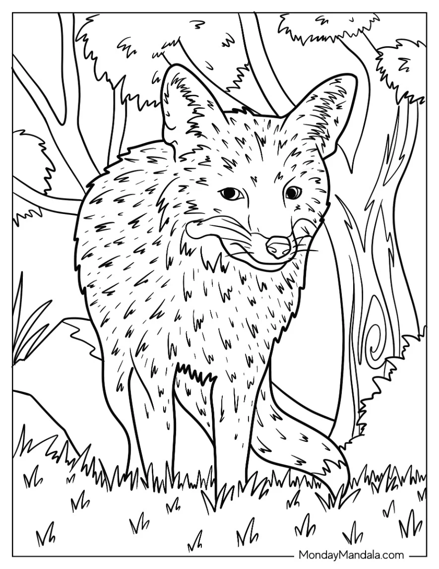 Fox Coloring Page Walking In The Forest coloring page — printable line art