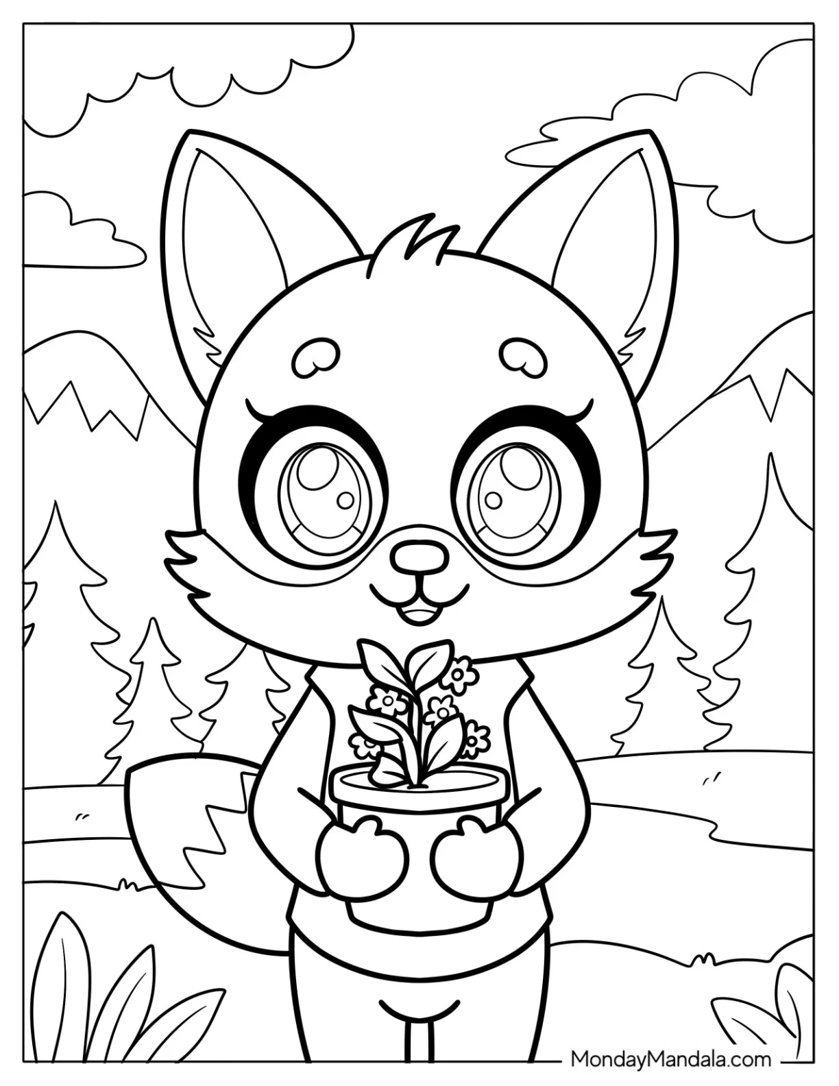 Fox Holding A Flower Plot Coloring Sheet coloring page — printable line art