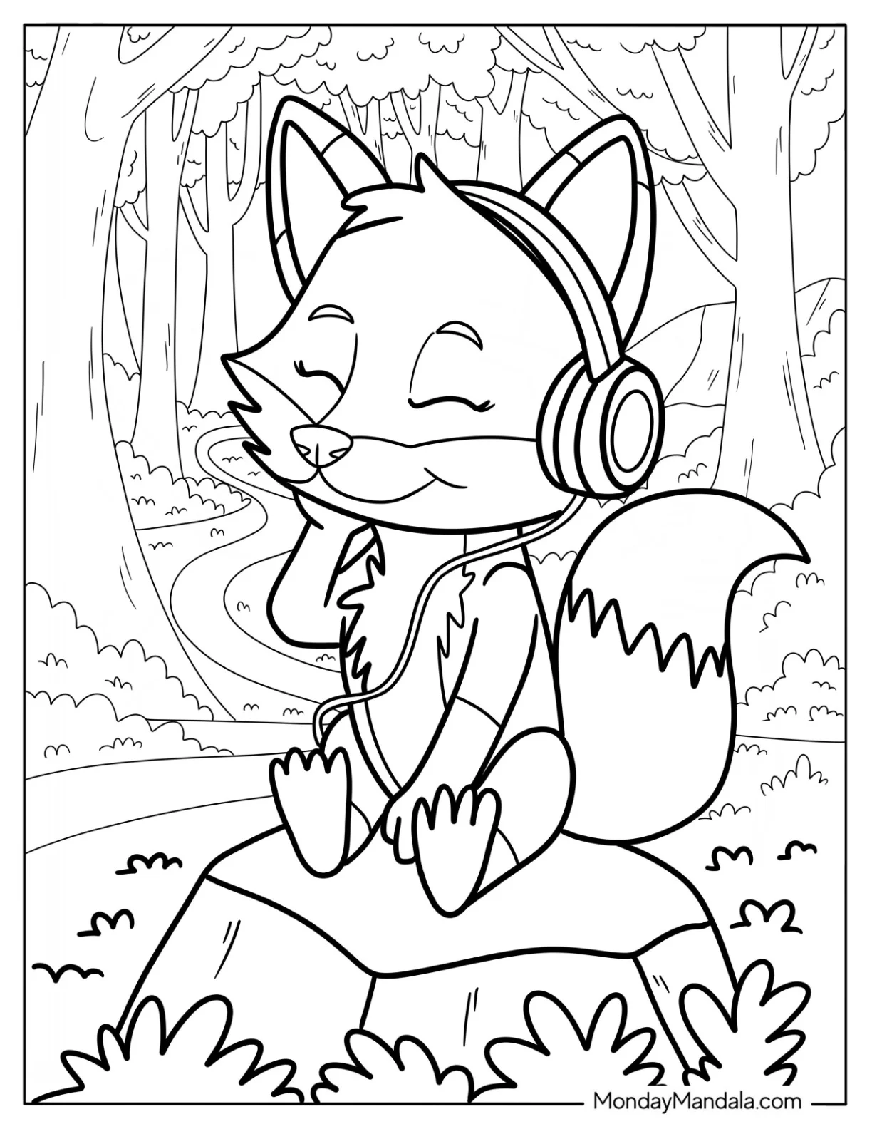 Fox Listening To Music With His Headphones Coloring Sheet coloring page