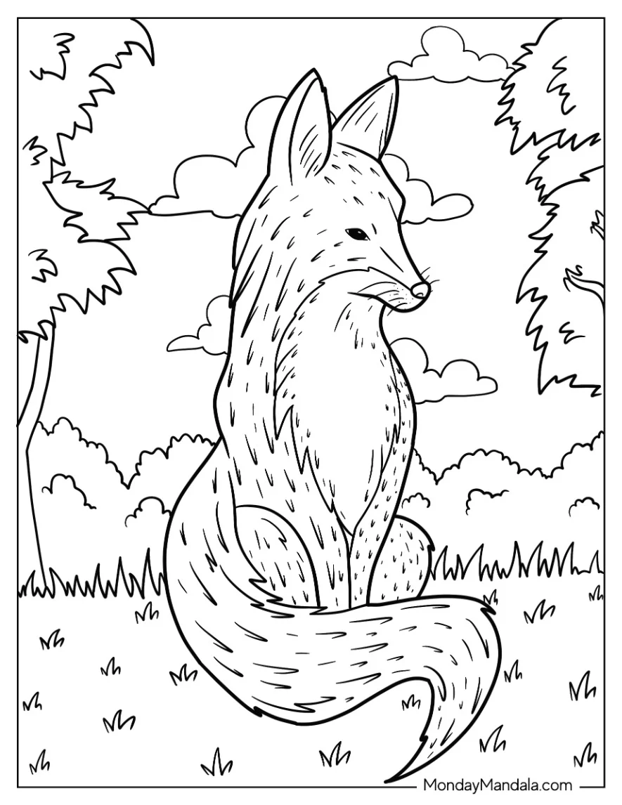 Furry Fox Coloring Page In Forest coloring page — printable line art