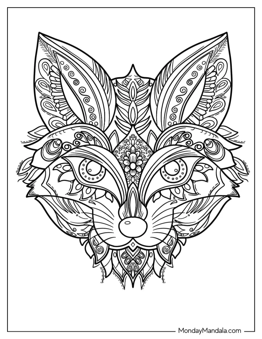 Intricate Fox Coloring Page Mandala Face coloring page — printable line art