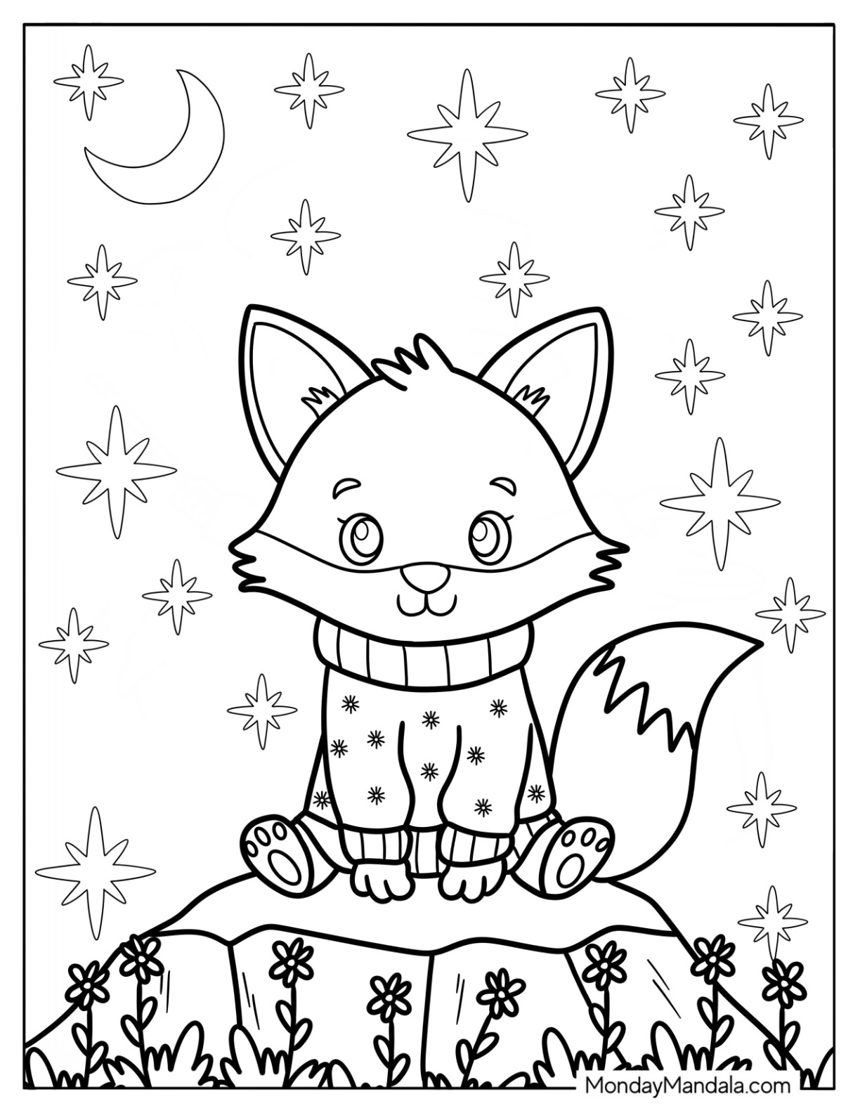 Kawaii Fox Coloring Page In A Snowflake Sweater Surrounded By Stars coloring page — printable line art