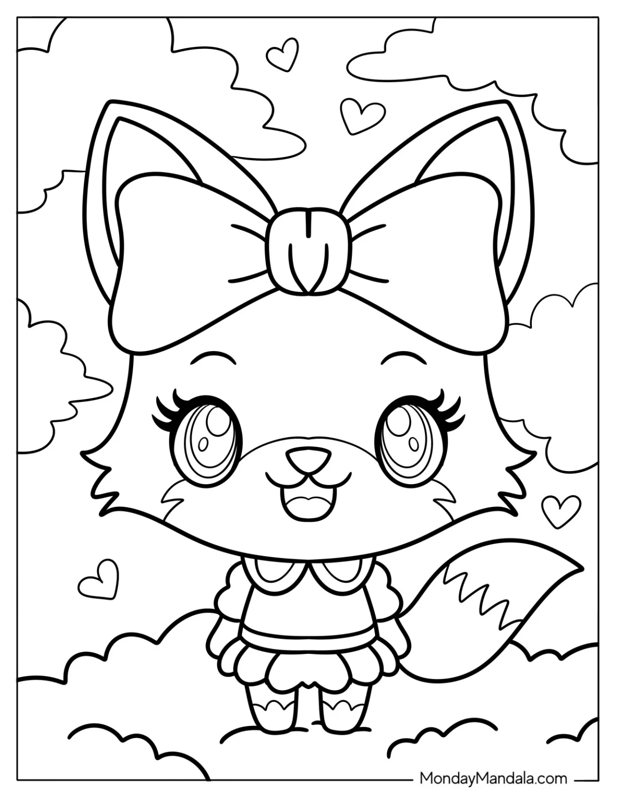 Little Girl Fox With A Bow And A Dress coloring page
