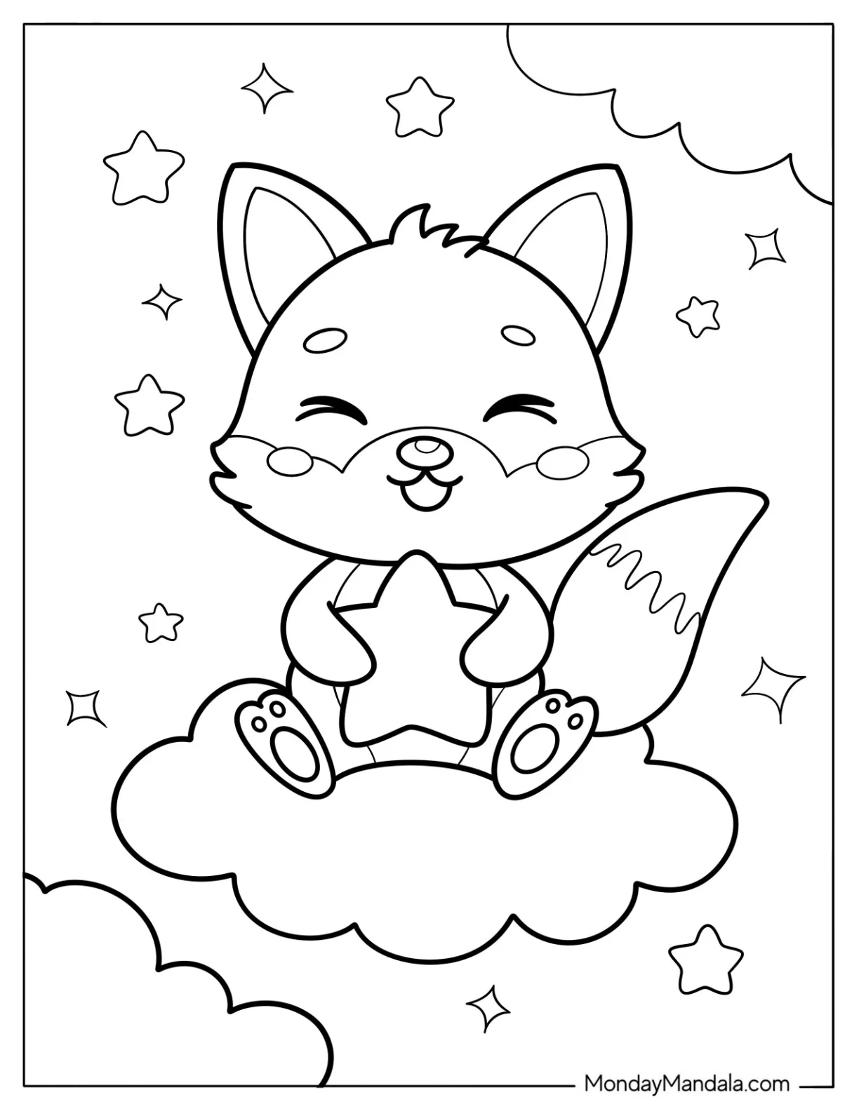Lovely Fox Coloring Page Holding A Star On A Cloud For Preschoolers coloring page — printable line art