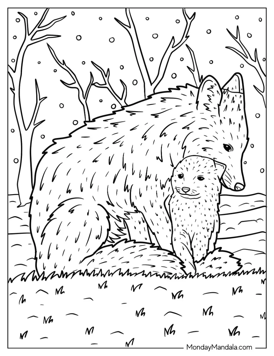 Mama Fox Coloring Page Cuddling With Baby Fox In Snowy Forest coloring page — printable line art