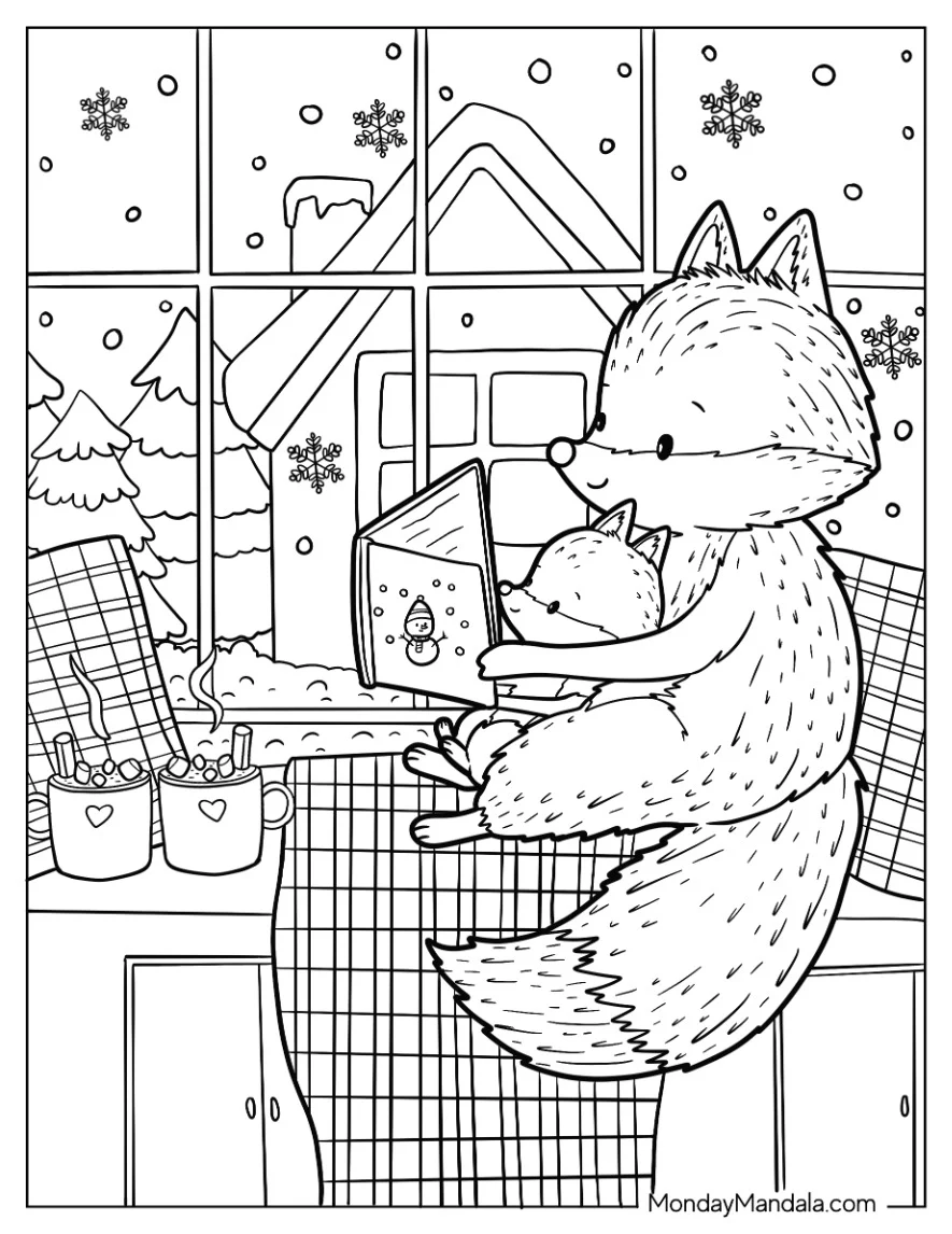 Mama Fox Coloring Page Reading To Baby Fox In Winter Christmas coloring page — printable line art