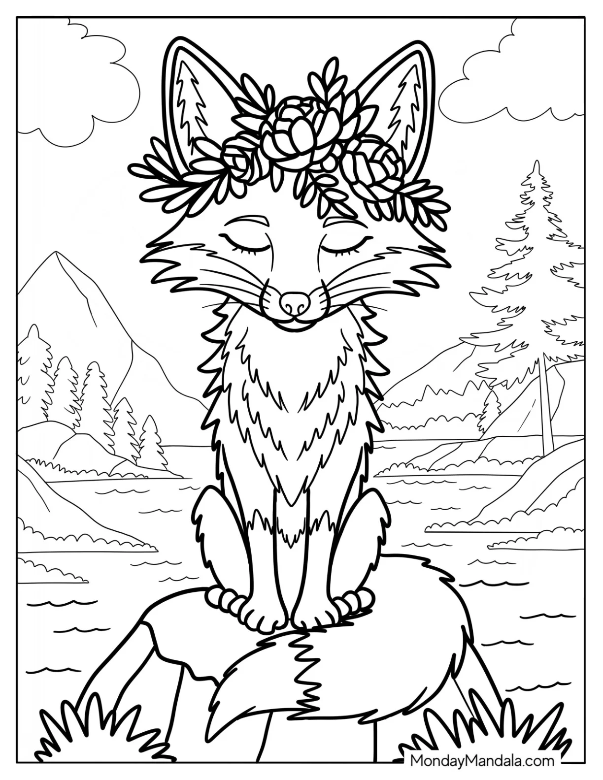 Meditating Fox With A Flower Crown coloring page