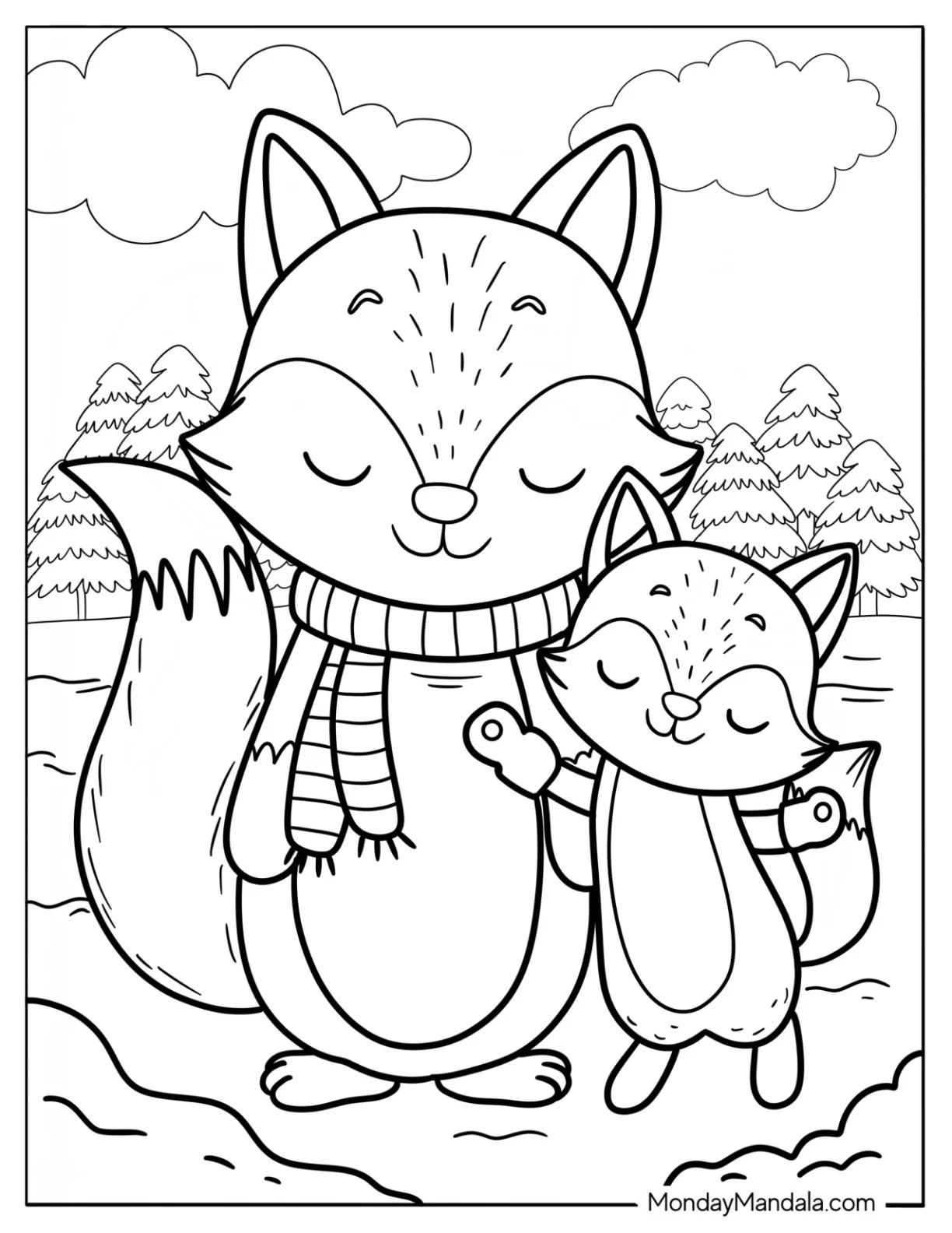 Mother Fox And Baby Fox In Winter Coloring Page For Kids coloring page
