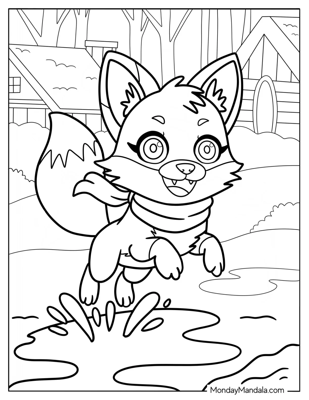 Playful Fox Coloring Page Wearing A Scarf For Kids coloring page