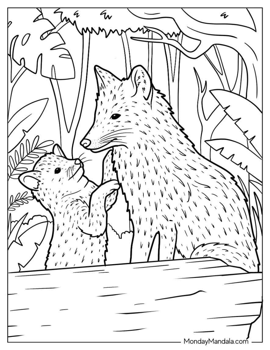 Realistic Mama Fox Coloring Page With Baby Fox In Forest coloring page