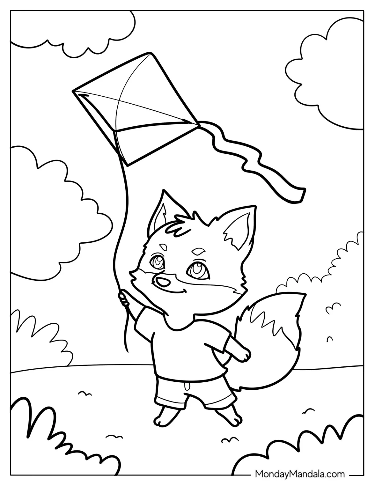 Small Fox Flying A Kite Coloring Page For Preschoolers coloring page