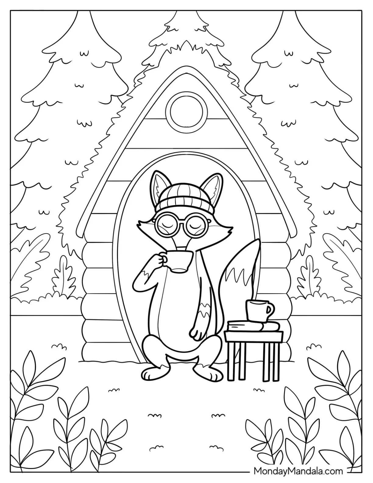 Smart Fox With A Beanie And Glasses Drinking Tea coloring page