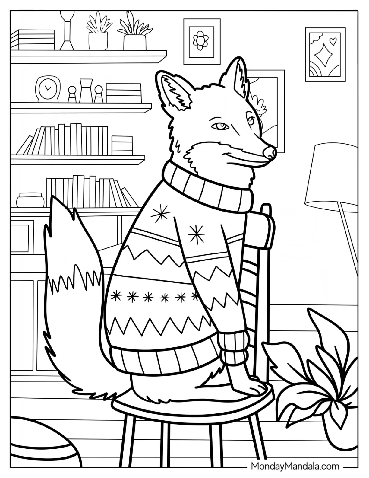 Smiling Fox In A Christmas Sweater Sitting On A Chair coloring page