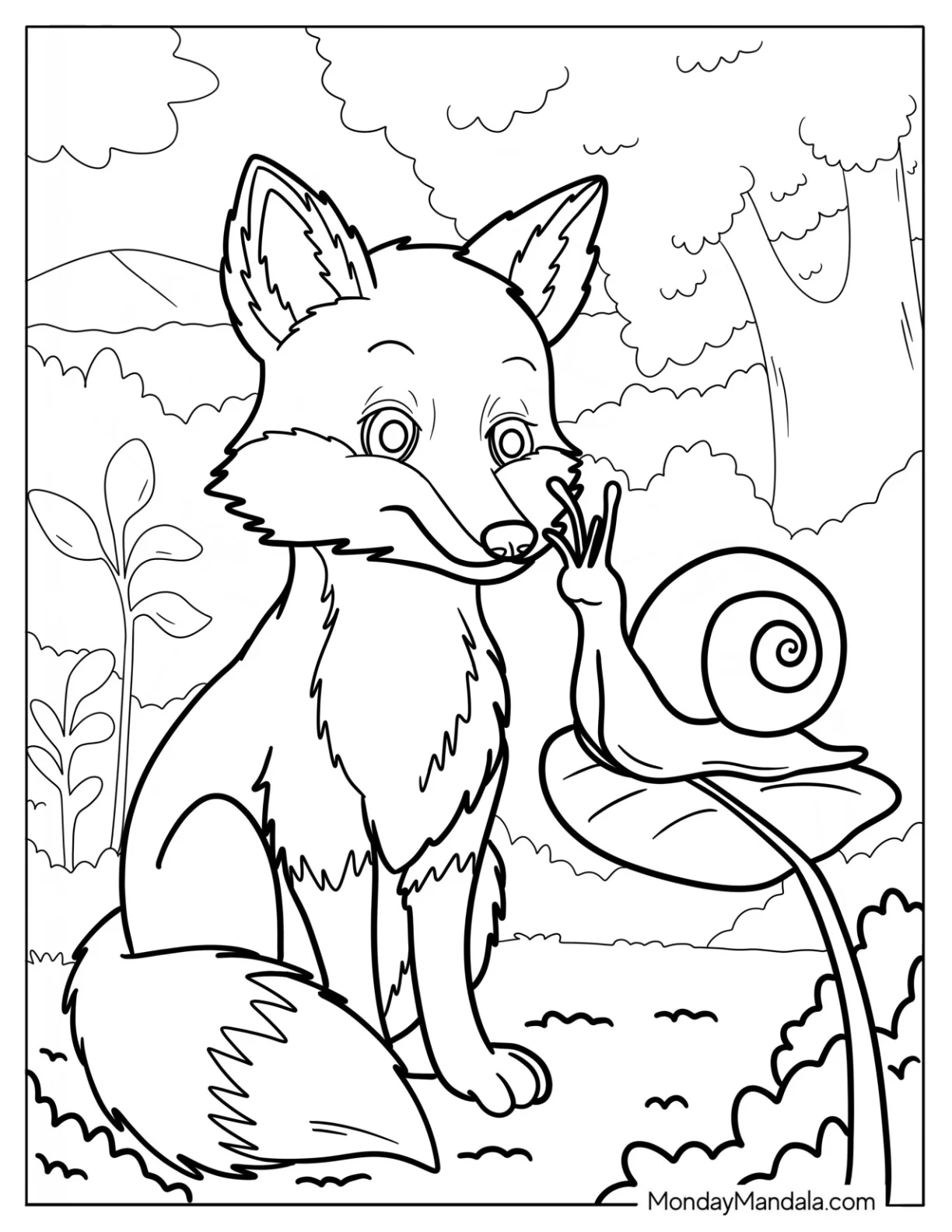 Young Fox Coloring Page Watching A Large Snail On A Leaf coloring page