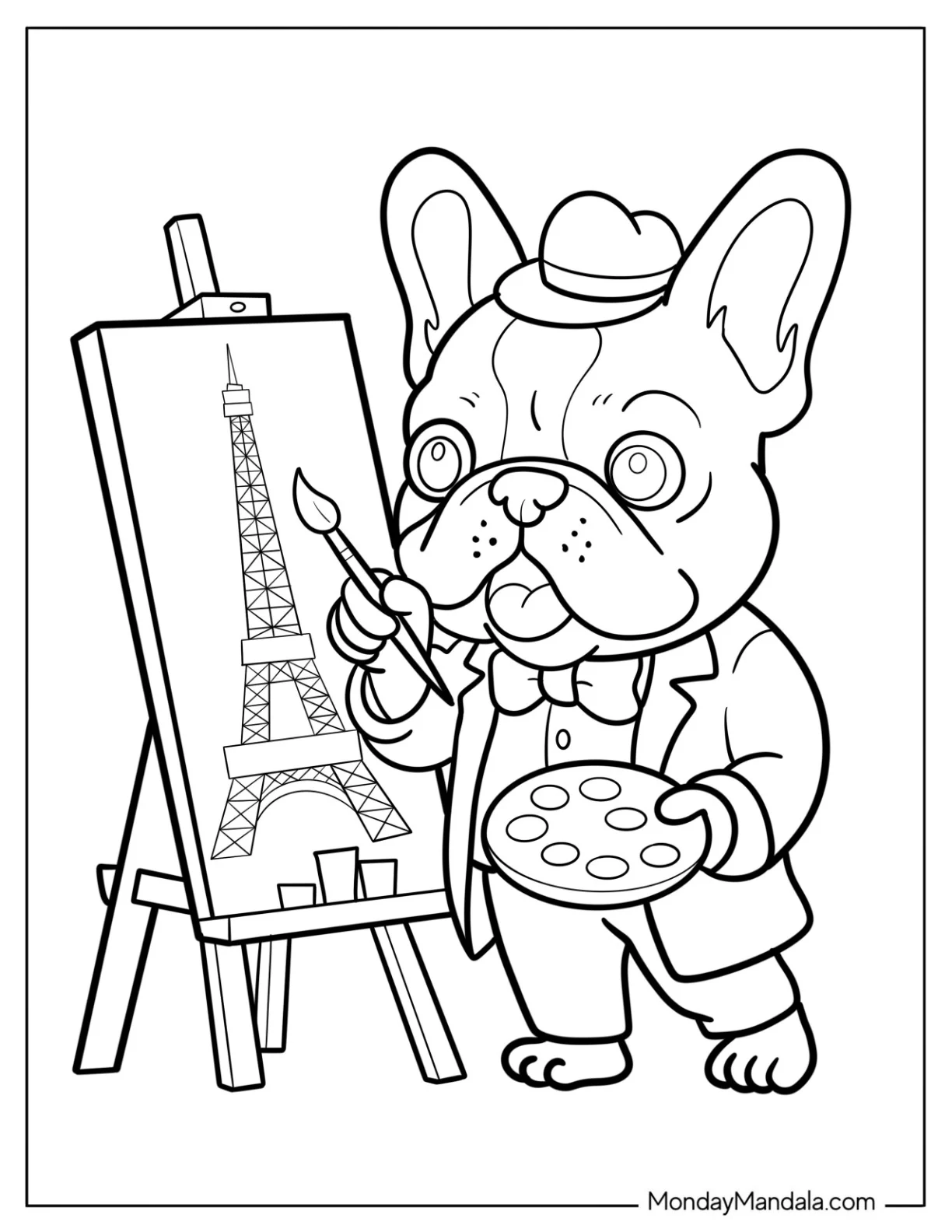 Artistic French Bulldog Coloring Page in Suit and Hat Painting the Eiffel Tower for Kids coloring page