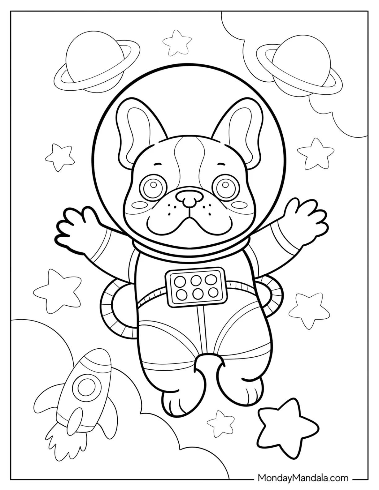 Astronaut French Bulldog Coloring Page in Outer Space coloring page