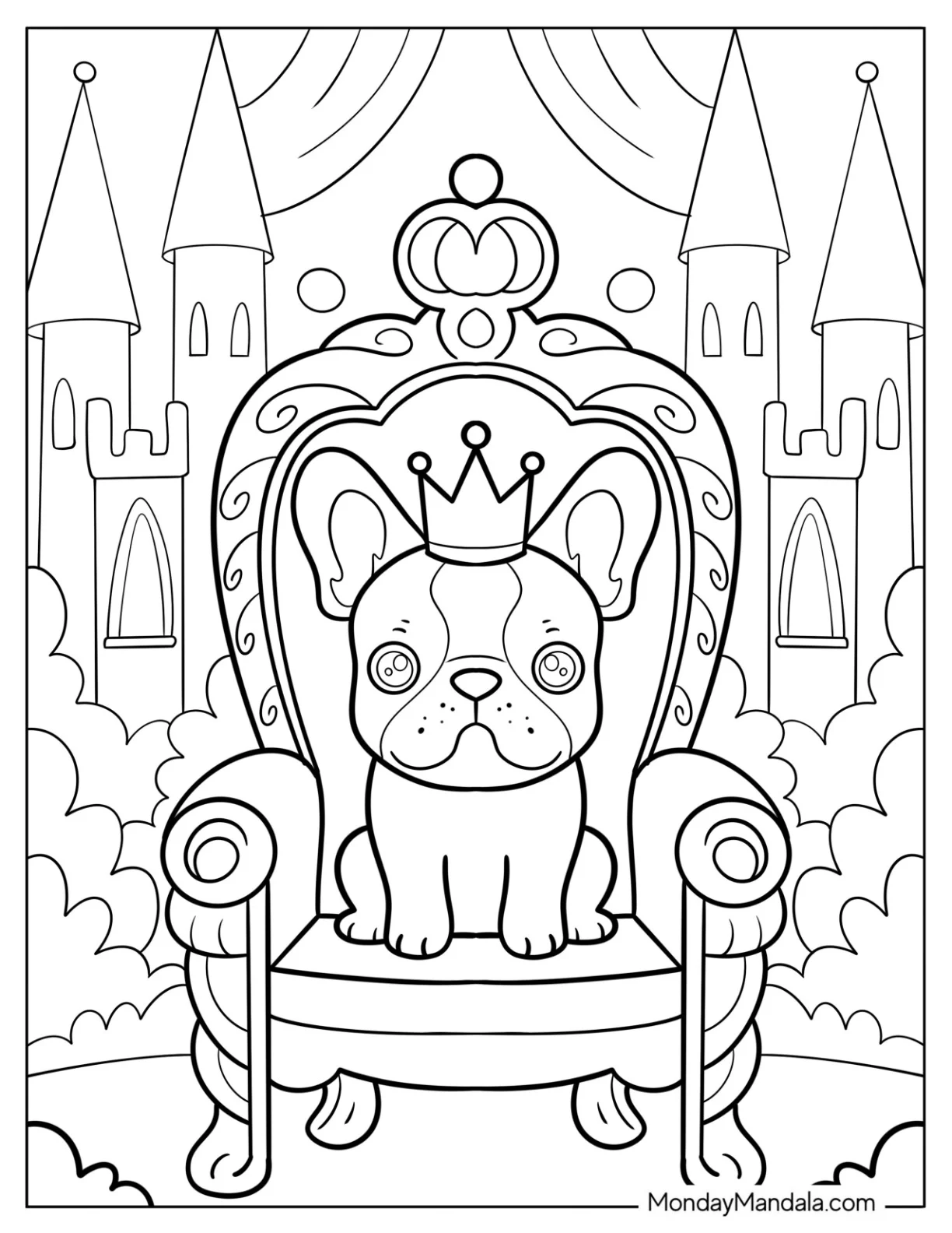 Cartoon French Bulldog Coloring Page Sitting on Throne in Fantasy Land for Kids coloring page