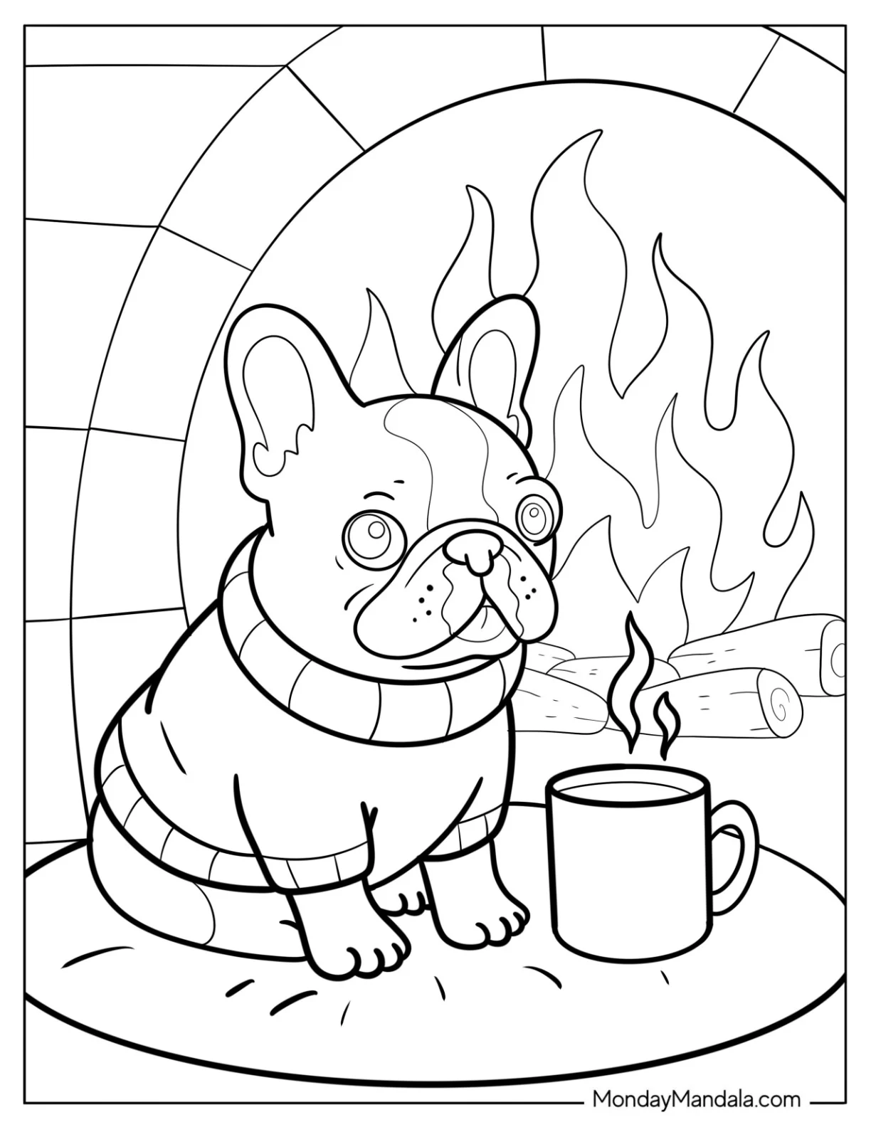 Cozy French Bulldog Coloring Page in a Sweater with Hot Drink by the Fireplace for Kids coloring page