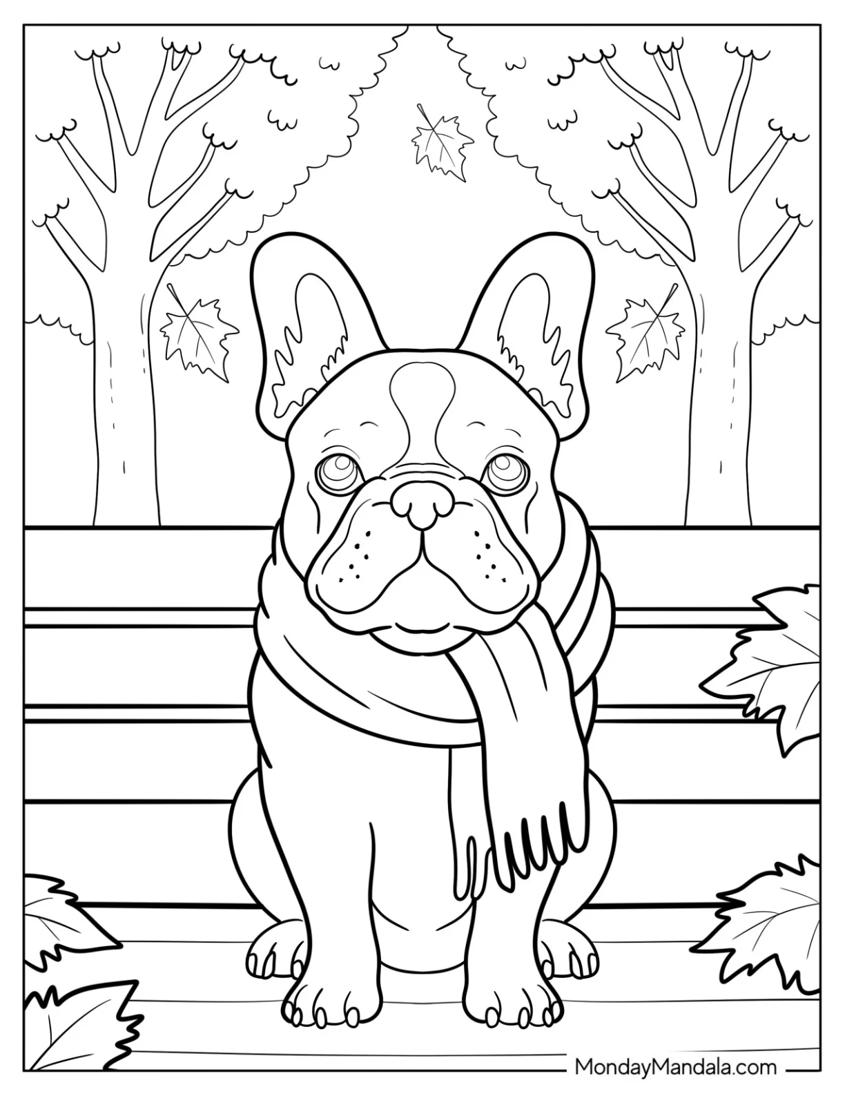 Elderly French Bulldog Coloring Page in Scarf Sitting in Bench Park coloring page