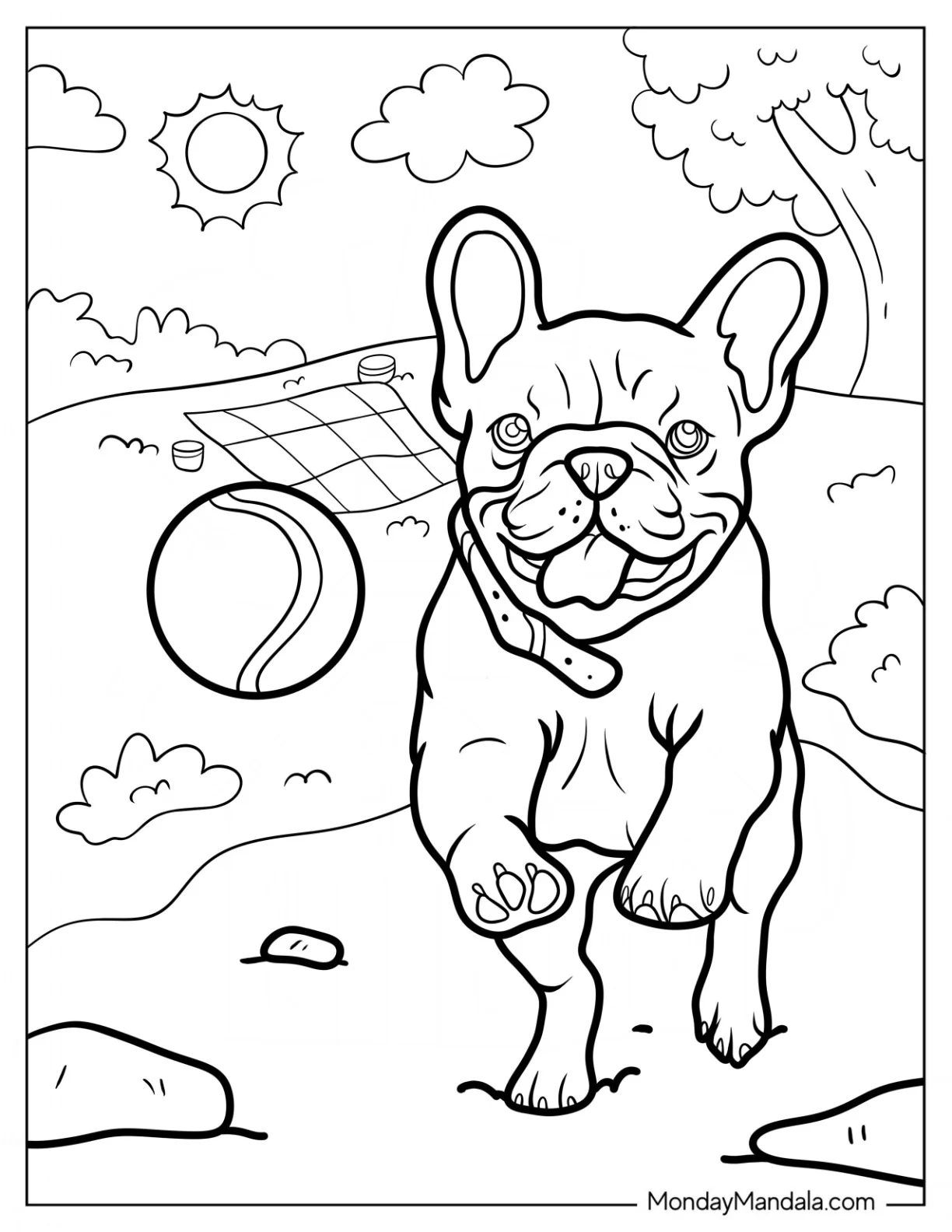 French Bulldog Coloring Page Chasing Ball In Backyard coloring page — printable line art