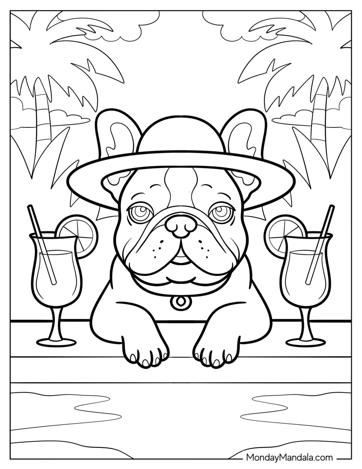 French Bulldog Coloring Page in Hat with Cocktails Relaxing in a Pool coloring page