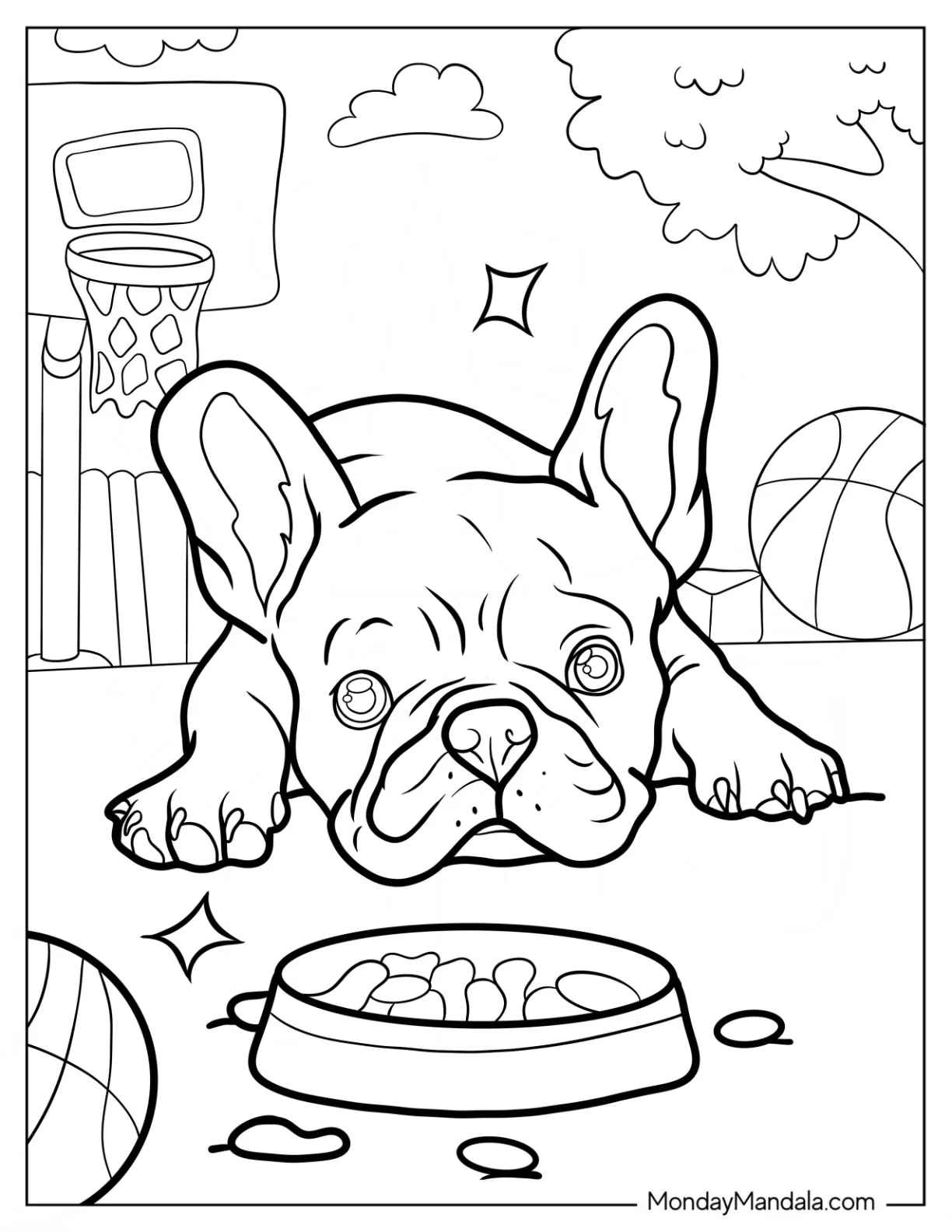 French Bulldog Coloring Page Lying On The Grass coloring page — printable line art