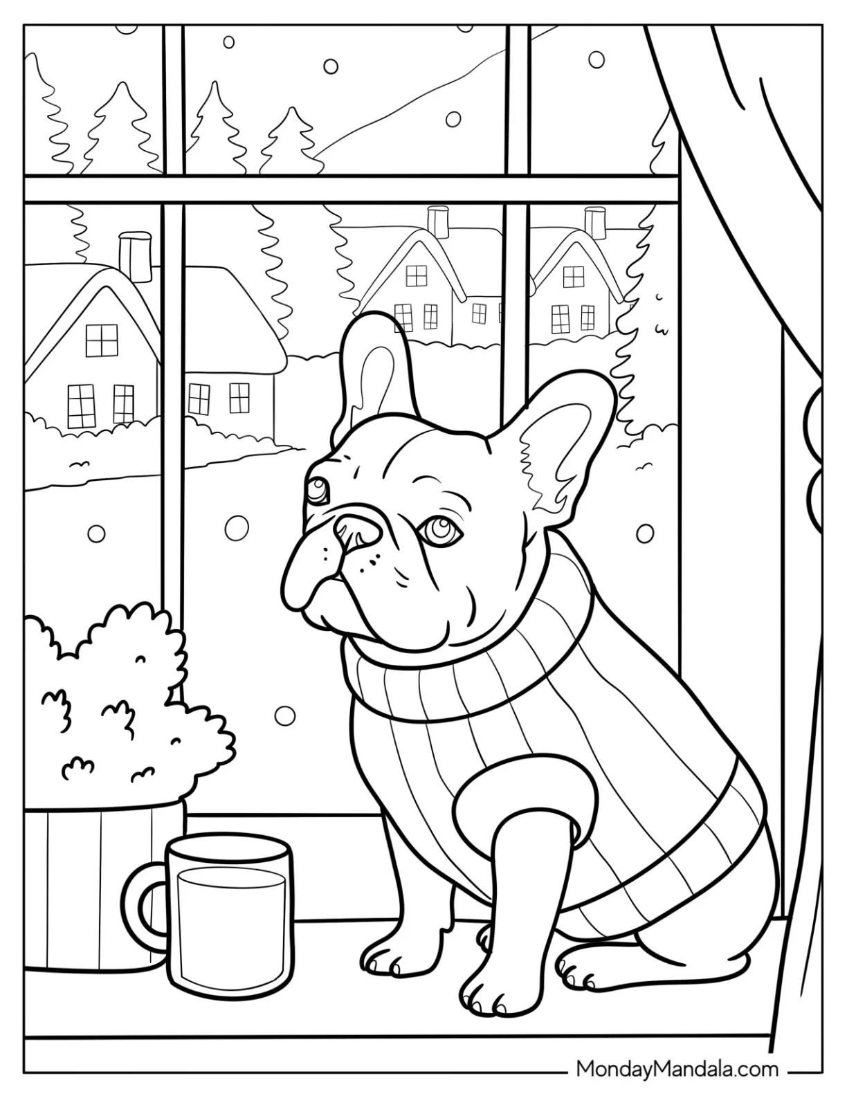 French Bulldog Coloring Page Sitting on Window Ledge with Sweater and Hot Drink Watching Snowfall coloring page