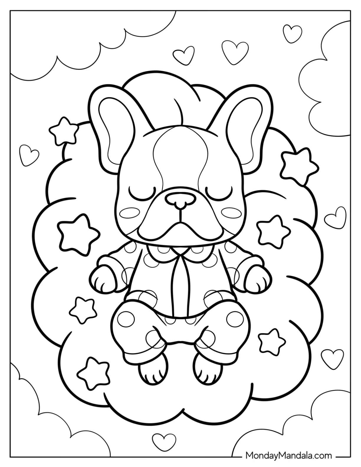 French Bulldog Coloring Page Sleeping in Pajamas on a Cloud coloring page
