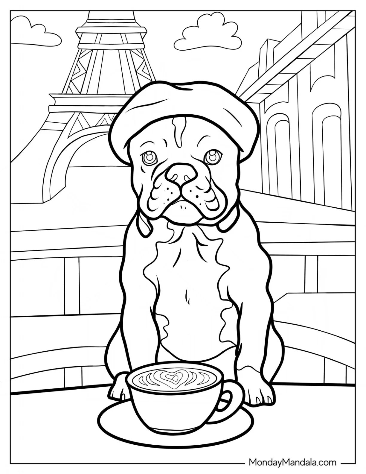 French Bulldog Coloring Page Wearing Beret In Paris Cafe coloring page