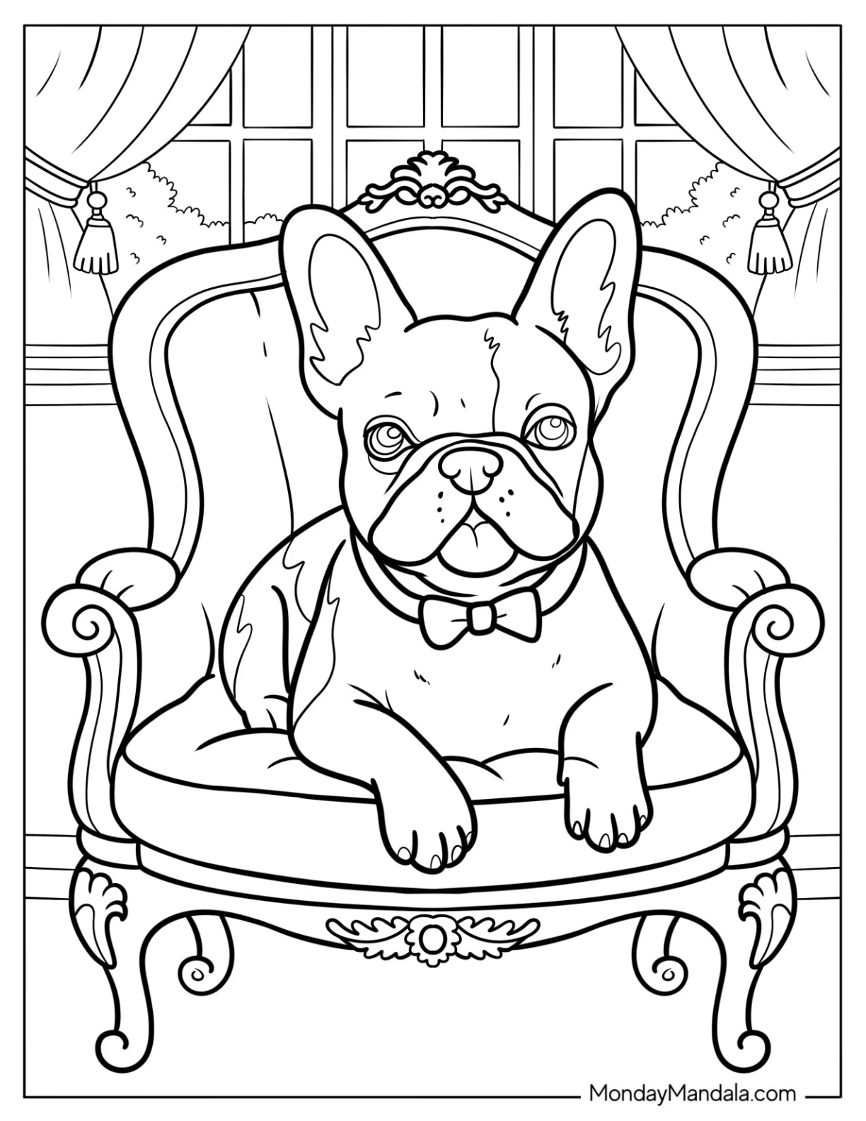 French Bulldog Coloring Page with Bowtie Sitting on an Ornate Armchair coloring page — printable line art